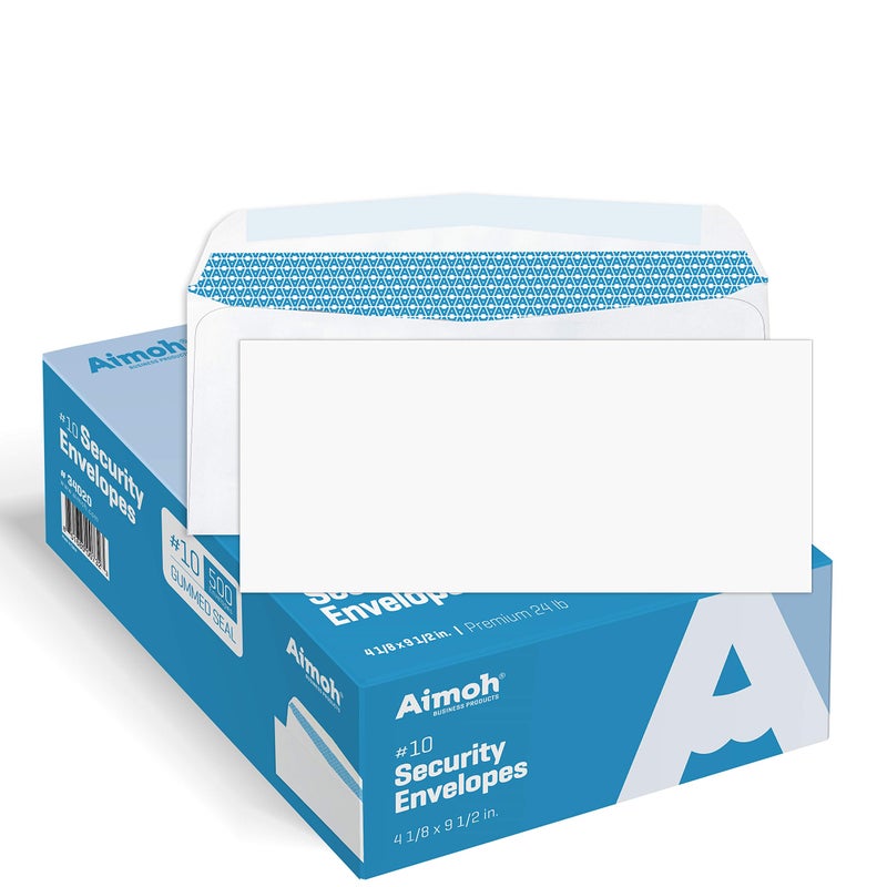Aimoh 500#10 Security White Envelopes - GUMMED Seal, Windowless Design, Premium Security Tint Pattern for Secure Mailing - Size 4-1/8 x 9-1/2 Inches - White - 24 LB - 500 Count (34020) - Image 1